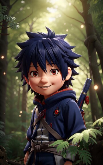 Linda miniatura ujiha sasuke estilo anime corpo inteiro fofo sorridente  motor irreal floresta detalhada