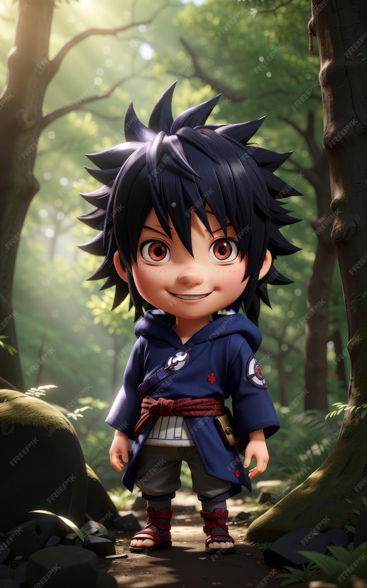 Linda miniatura ujiha sasuke estilo anime corpo inteiro fofo sorridente  motor irreal floresta detalhada