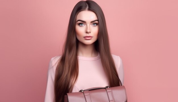 Linda modelo de cabelo loiro com bolsa de escritório em tema rosa