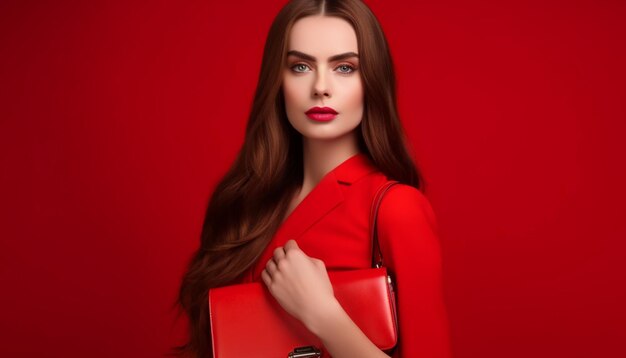 Linda modelo de cabelo loiro com bolsa de escritório em tema vermelho