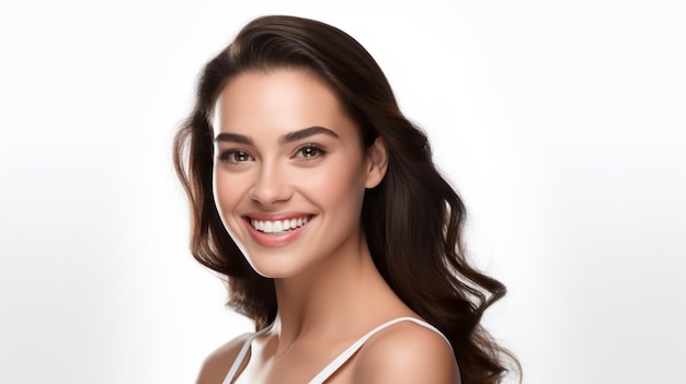 linda morena modelo mulher sorrindo com dentes perfeitamente limpos foto de fundo dental