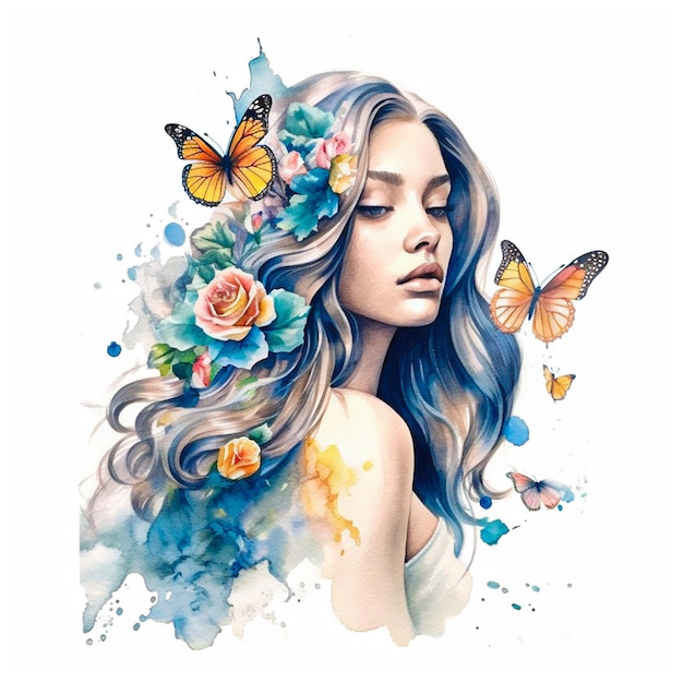 una linda mujer acuarela con mariposas y flores sobre fondo blanco