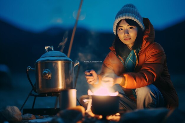 linda mujer asiática al aire libre fogata por la noche