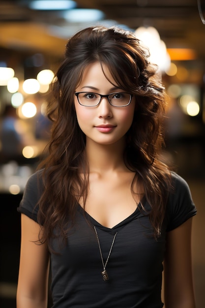 Una linda mujer asiática con gafas y una camiseta negra en blanco AI generativa