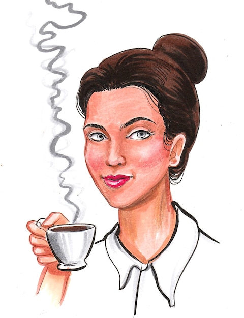 Linda mujer bebiendo una taza de café. Dibujo a tinta y acuarela