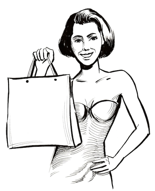 Linda mujer con una bolsa de compras. Dibujo a tinta en blanco y negro