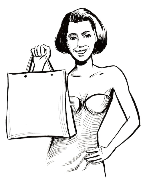 Foto linda mujer con una bolsa de compras. dibujo a tinta en blanco y negro