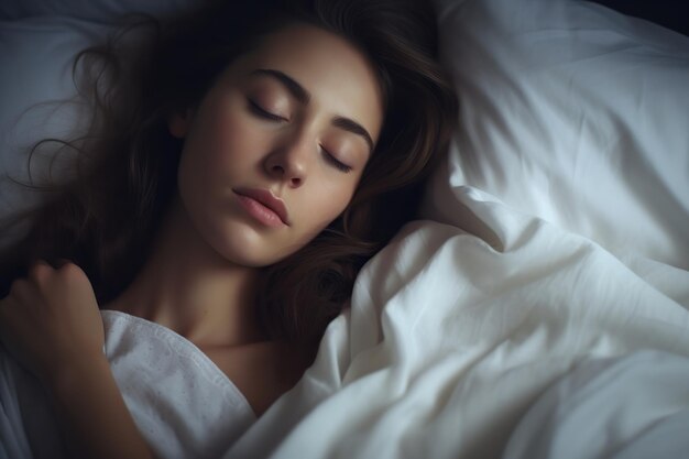 Linda mujer durmiendo en la cama por la noche