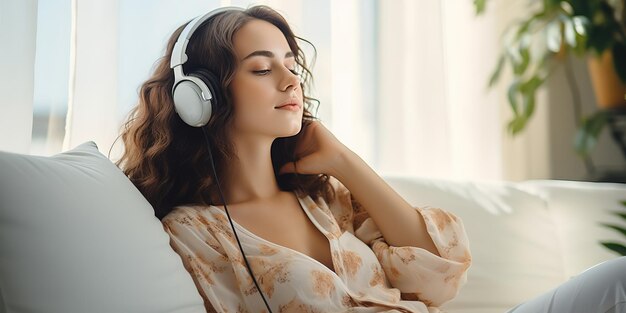 Linda mujer escuchando música mientras se relaja en el sofá en casa