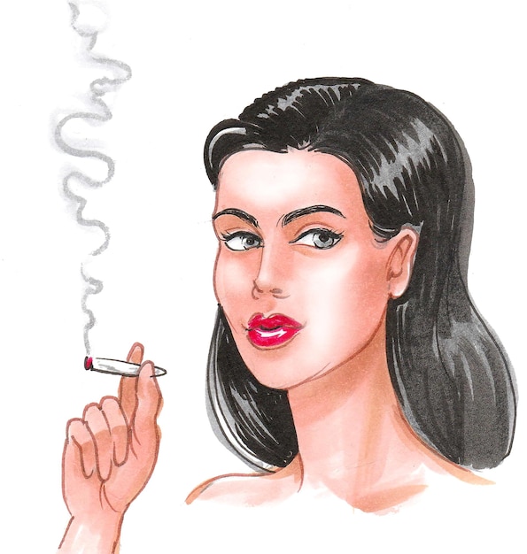 Linda mujer fumando marihuana conjunta. Dibujo a tinta y acuarela