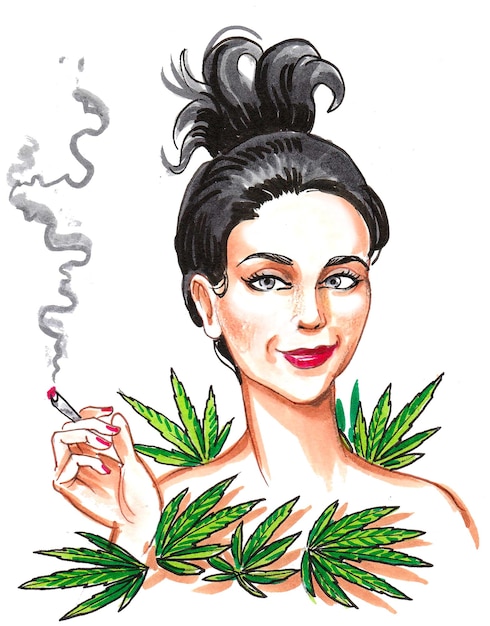 Linda mujer fumando marihuana conjunta. Dibujo a tinta y acuarela