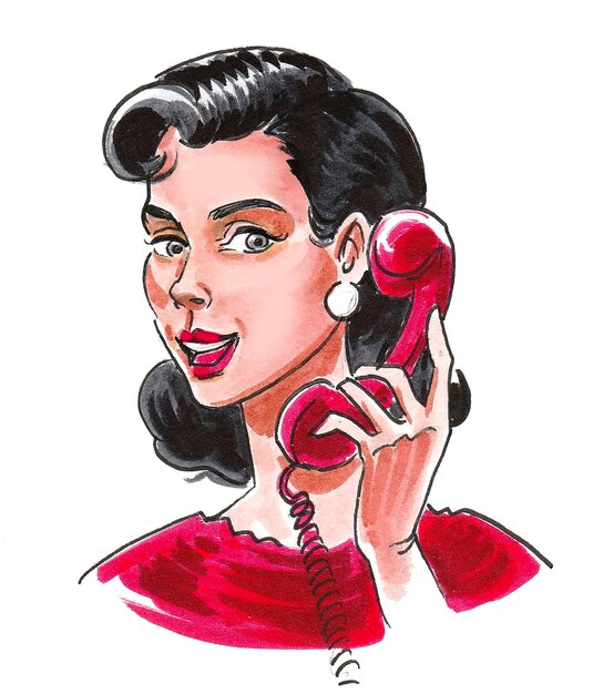 Linda mujer hablando por teléfono retro. Dibujo a tinta y acuarela