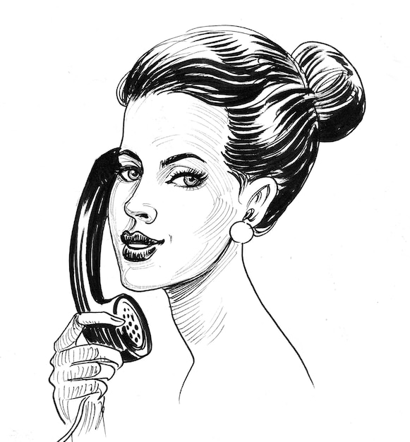 Linda mujer hablando por teléfono retro. Dibujo a tinta en blanco y negro