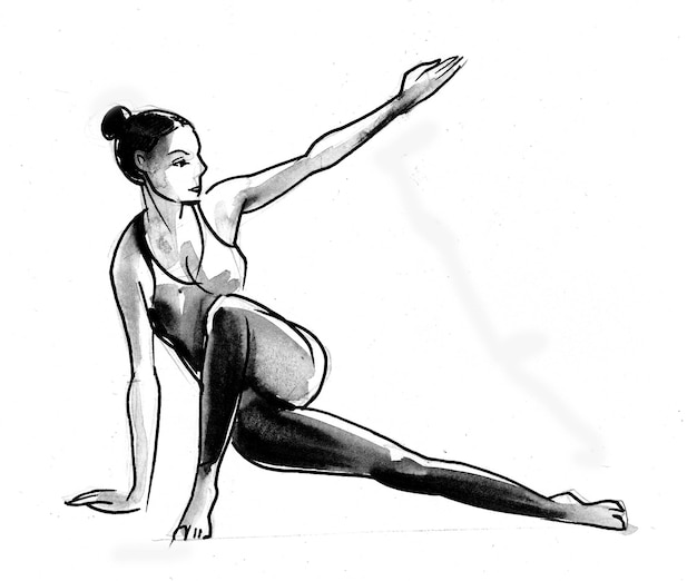 Foto linda mujer haciendo ejercicio de yoga. dibujo a tinta en blanco y negro