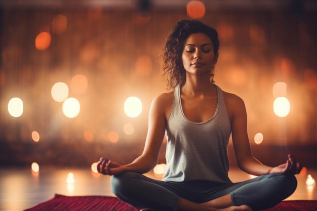 Una linda mujer haciendo yoga sobre una estera un retrato de una mujer haciendo un estudio de yoga una sensación de calma y