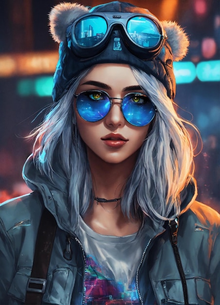 Linda mujer hacker cyberpunk con gafas de color azul en una chaqueta con un Beanie largo cabello gris ha