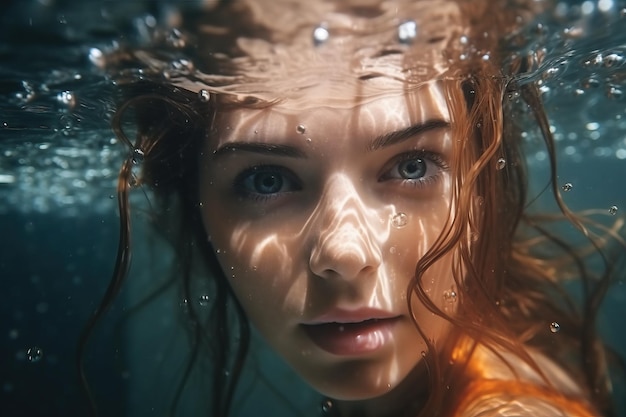 Linda mujer joven modelo nadando bajo el agua