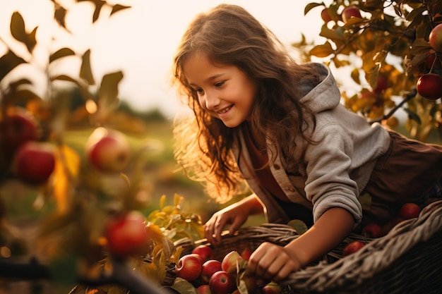 Linda mujer joven recoger frutas en la granja de otoño