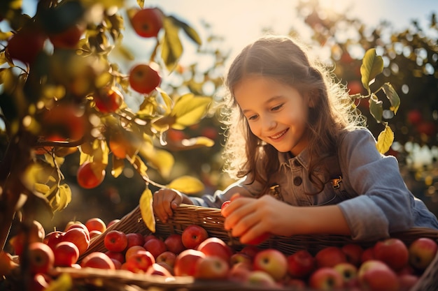 Linda mujer joven recoger frutas en la granja de otoño