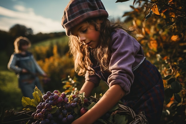 Linda mujer joven recoger frutas en la granja de otoño