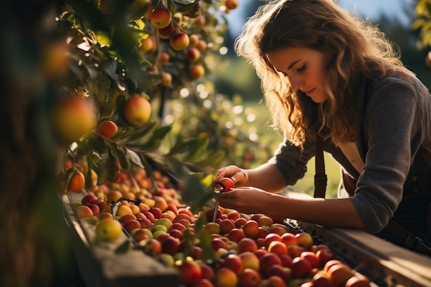 Linda mujer joven recoger frutas en la granja de otoño