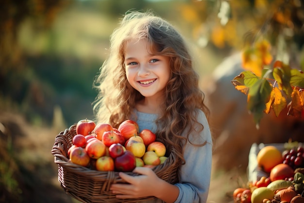 Linda mujer joven recoger frutas en la granja de otoño