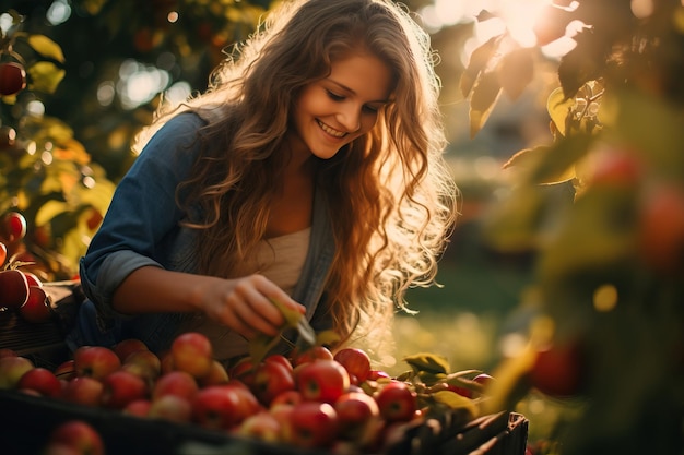 Linda mujer joven recoger frutas en la granja de otoño