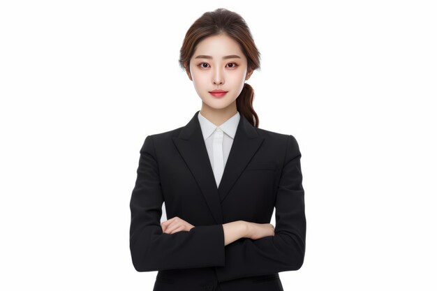 linda mujer de negocios asiática con traje negro y brazos cruzados