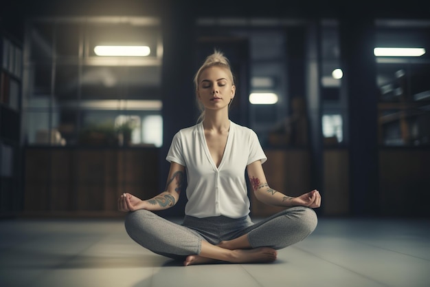 Linda mujer sentada en una postura de meditación con los ojos cerrados y una sonrisa en una oficina moderna que puede evocar una sensación de relajación y equilibrio entre la vida laboral y la vida Generativa IA