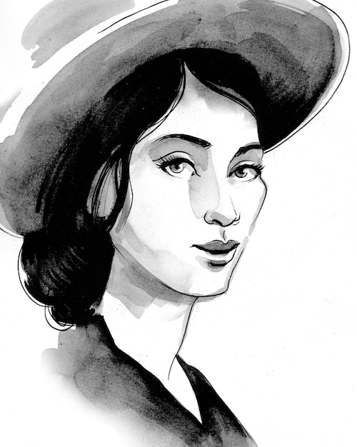 Linda mujer con sombrero. Dibujo a tinta y acuarela