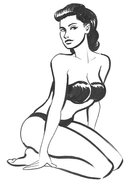 Linda mujer en traje de baño. Dibujo a tinta en blanco y negro