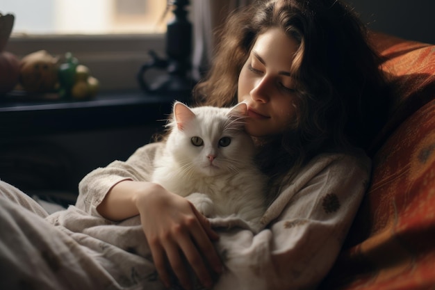 Linda mulher acariciando um lindo gato branco no sofá macio Adorável cuidado família gatinho adulto Gerar Ai