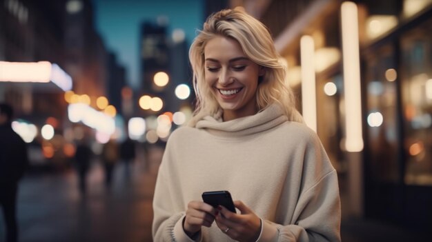 Linda mulher adulta andando e enviando mensagens de texto no celular fora do centro de negócios