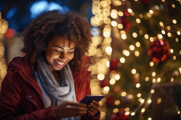 linda mulher africana usando seu telefone perto do Natal