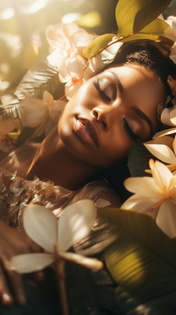 Foto linda mulher afro-americana com flores no cabelo