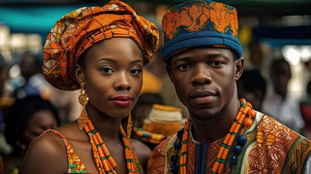 Linda mulher afro-americana em trajes tradicionais e um homem negro bonito sorrindo e olhando para