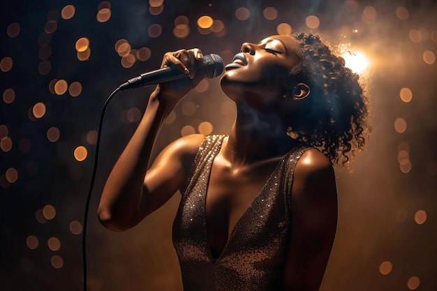 Linda mulher afro-americana usa um vestido com lantejoulas douradas canta no palco Ilustração generativa de IA