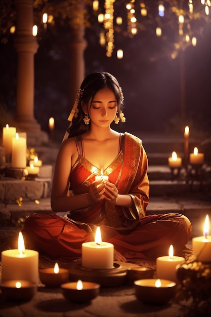 Linda mulher ajoelhada perto de velas celebrando Diwali