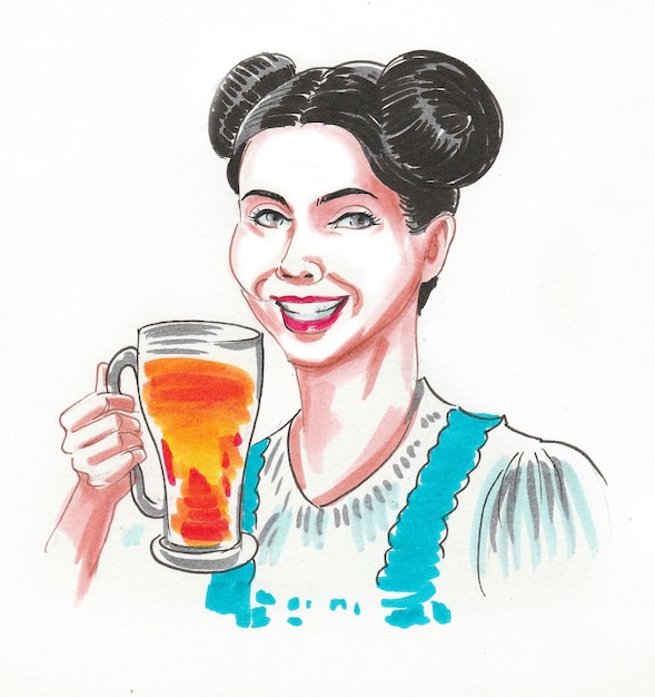 Foto linda mulher alemã bebendo um copo de cerveja. desenho a tinta e aguarela