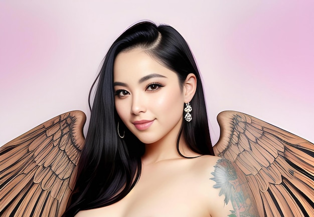 Linda mulher asiática com asas de anjo no fundo rosa
