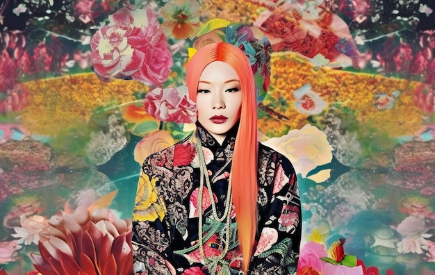 Linda mulher asiática com cabelo vermelho em quimono tradicional