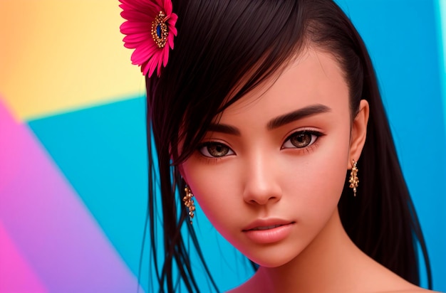 Linda mulher asiática com flor no cabelo em fundo colorido Generative AI