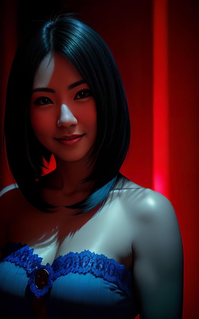Linda mulher asiática com luz azul misturada e luz vermelha Generative AI