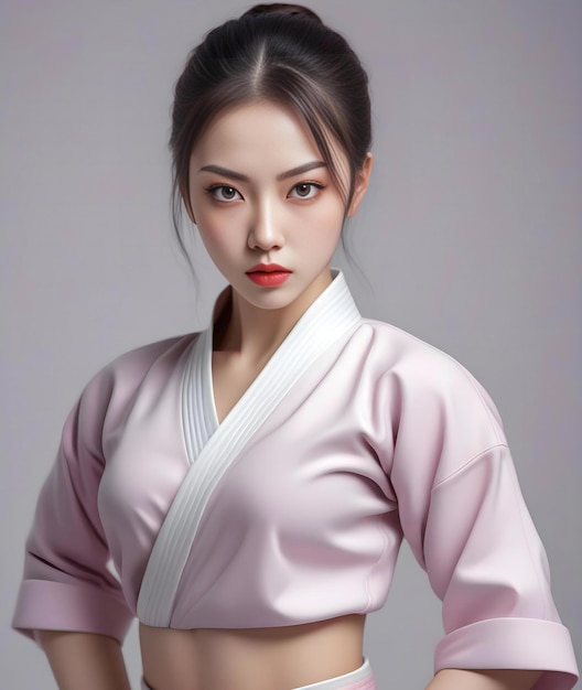 Linda mulher asiática em quimono rosa em fundo cinza