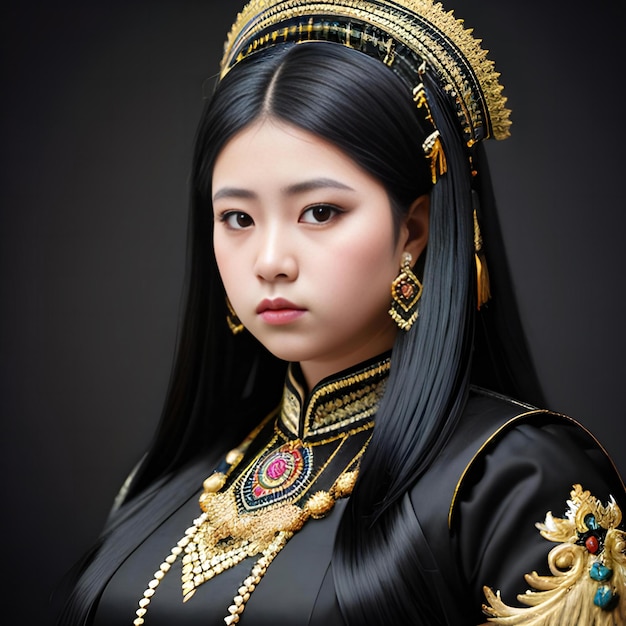 Linda mulher asiática em traje tradicional tailandês em fundo preto