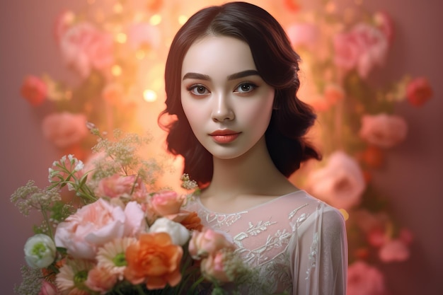 Linda mulher asiática em um vestido rosa segurando um buquê de flores