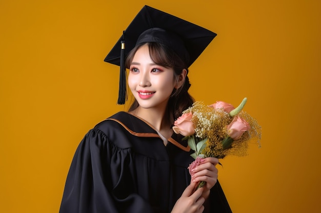 linda mulher asiática graduada usa vestido preto e borla amarela e segurando seu diploma