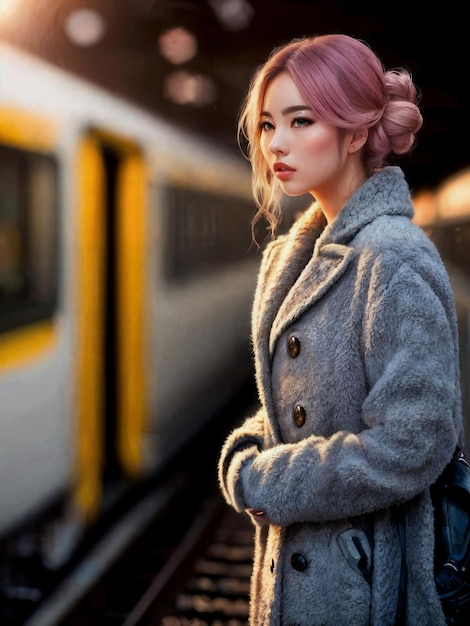 Foto linda mulher asiática na ia generativa da estação de trem de alta velocidade