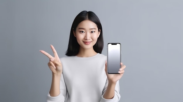Linda mulher asiática segurando maquete de smartphone com tela em branco e mostra ok