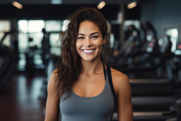 Foto linda mulher atlética sorridente treinadora de fitness no ginásio desportista musculação malha